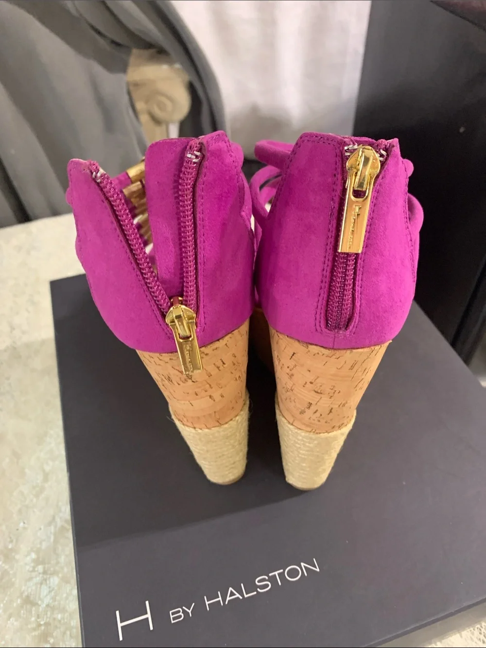 H by Halston Fuchsia Strappy Wedge Sandals with Gold Discs